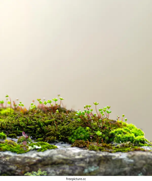 Green Moss Growing On Stone With Blurred Background