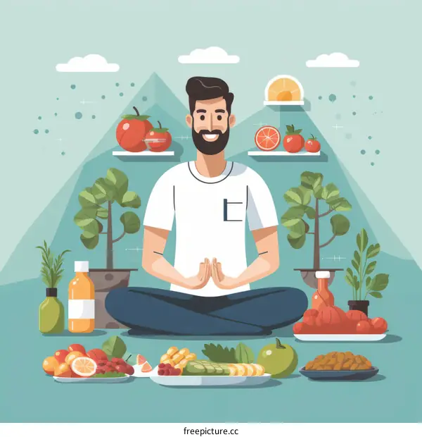 meditating man with healthy food
