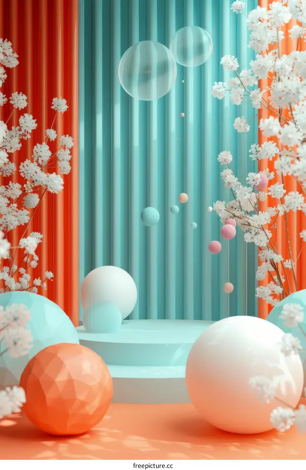 3D rendering of a podium with pink and white flowers