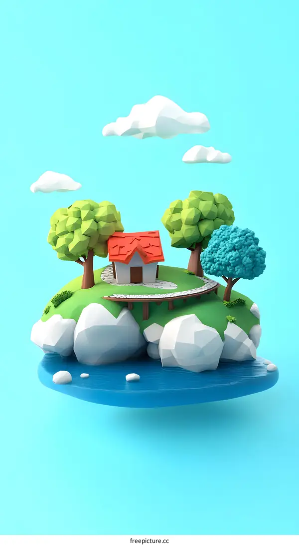 Low Poly Illustration Of a Floating Island With a House and Trees