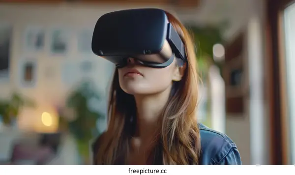 Asian woman wearing a virtual reality headset