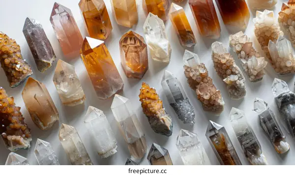 Colorful Quartz Mineral Crystals on White Background
