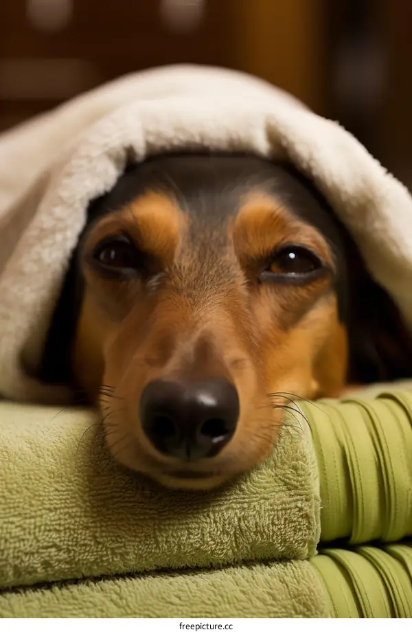 A dachshund puppy dog covered with a blanket