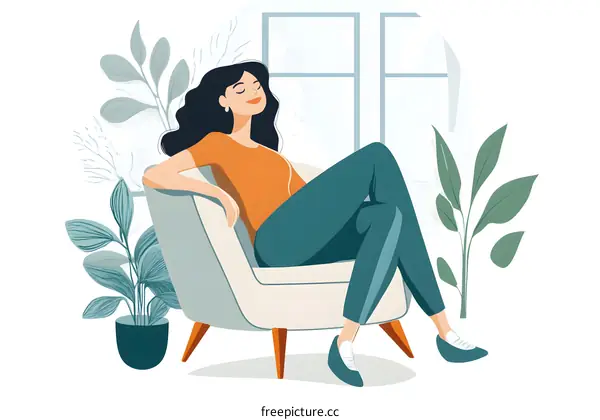 Woman Relaxing in a Chair with Plants and a Window in the Background