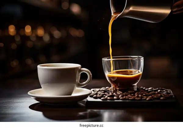 Coffee being poured into a glass cup