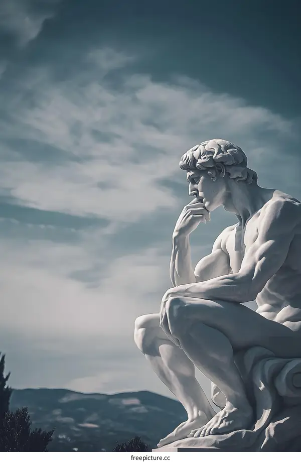 The Thinker Statue with Dramatic Cloudy Sky