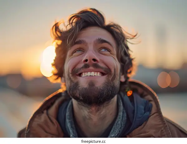 Smiling Man Looking Up at Sunset