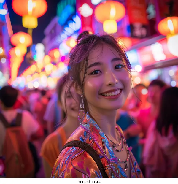 Smiling Woman Celebrates Chinese New Year Festival Under Red Lanterns