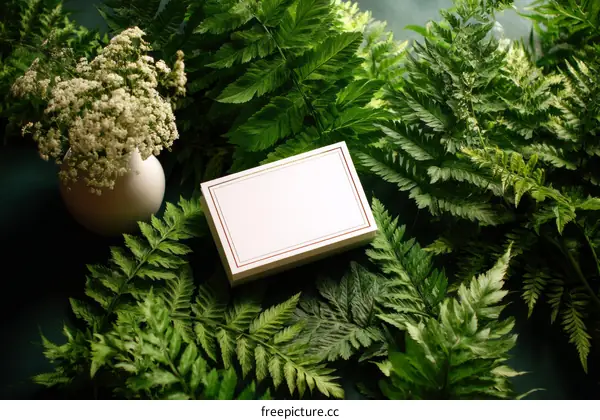 Empty White Box Surrounded by Lush Green Ferns and Flowers