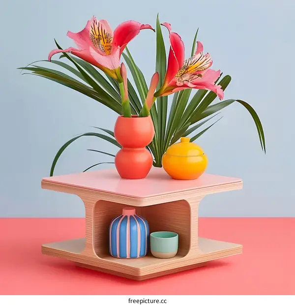 Pink and Yellow Ceramic Vases with Flowers on a Wooden Table
