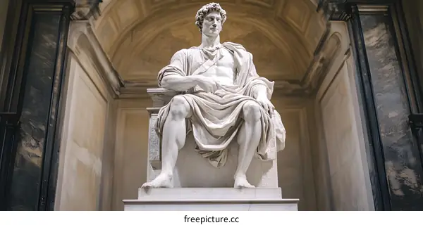 Marble Statue of a Man Sitting on a Throne in a Grand Hall