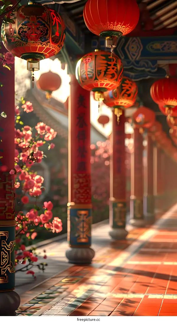 A Long Corridor with Red Lanterns in a Chinese Temple