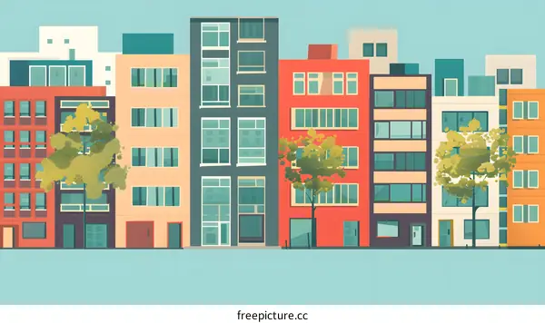 Colorful Cityscape Illustration with Row of Buildings and Trees