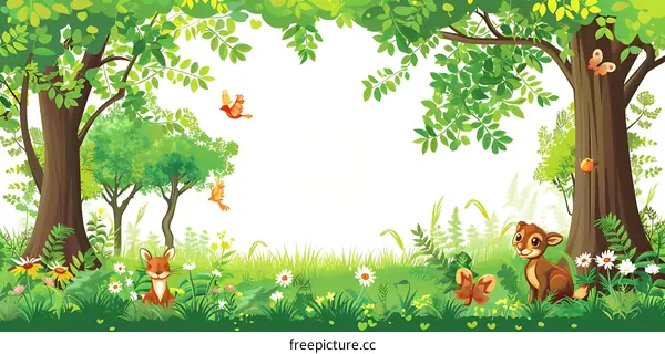 Green Forest Illustration with Animals and Birds