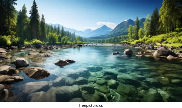 River Flows Through Valley with Green Trees and Mountains