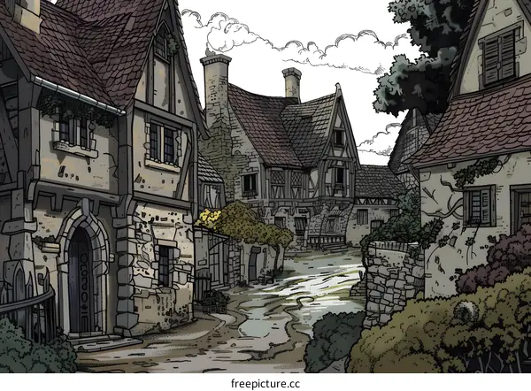 Medieval Village Street Illustration with Stone Houses and Lush Greenery