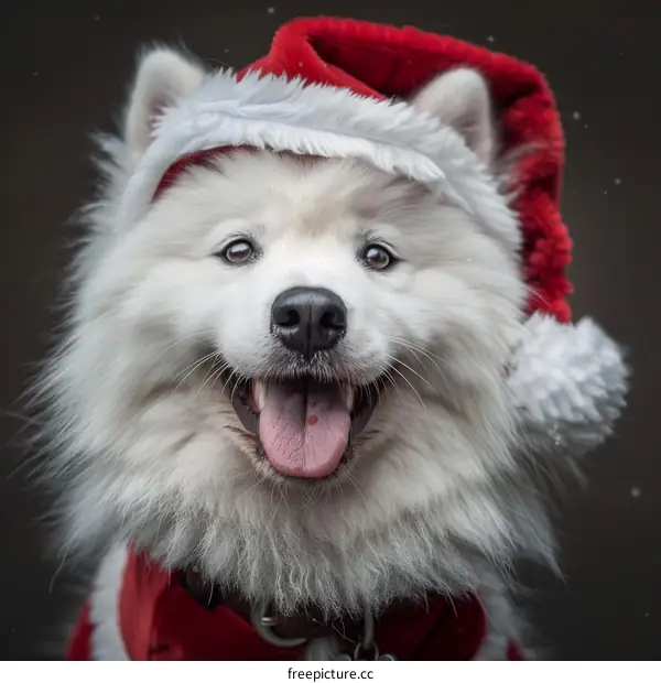 A happy dog wearing a Santa hat