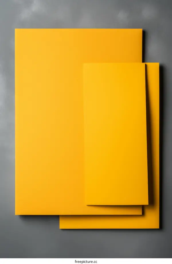 Three yellow paper sheets of different sizes stacked on a gray surface