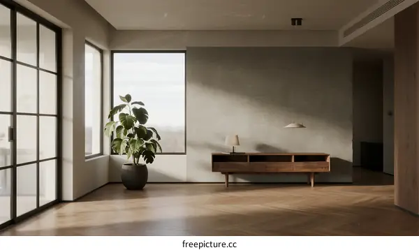 Modern minimalist living room with large windows and wooden floor