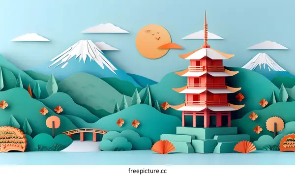 A paper cut illustration of a Japanese pagoda in a mountain landscape with a bridge and trees