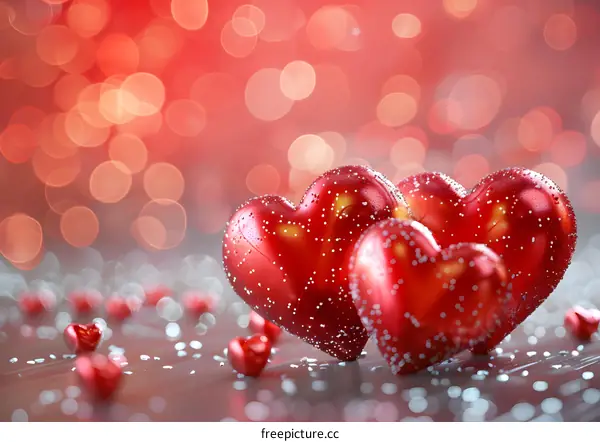 Three red heart-shaped candies with red bokeh background