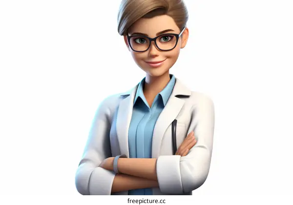 A female doctor with short blonde hair and glasses is wearing a lab coat and stethoscope.