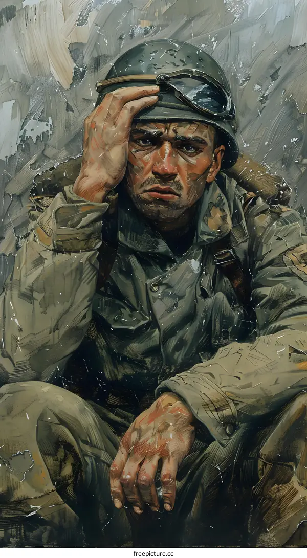 Soldier in a Helmet Sitting in a Trenches