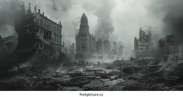 A grayscale image of a destroyed city