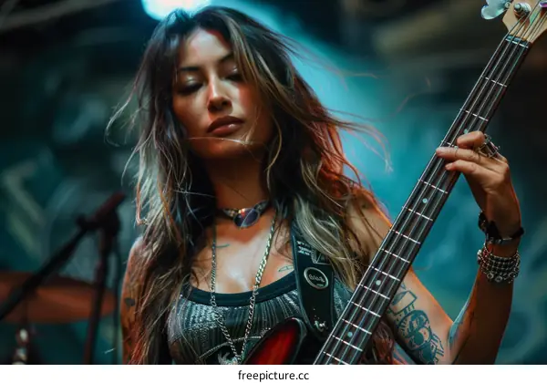 Portrait of a Filipina musician playing bass guitar