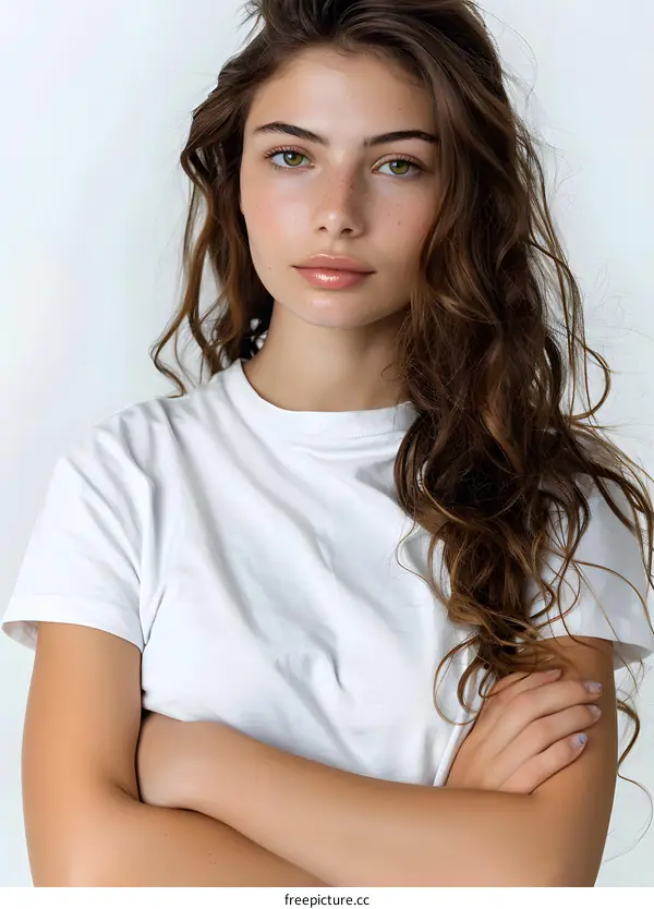 portrait of a young woman with freckles and brown hair