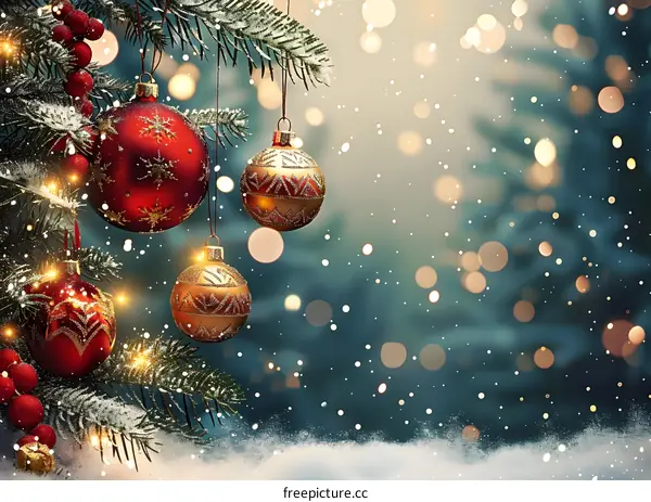 Christmas ornaments hanging on a snowy tree branch with blurred background