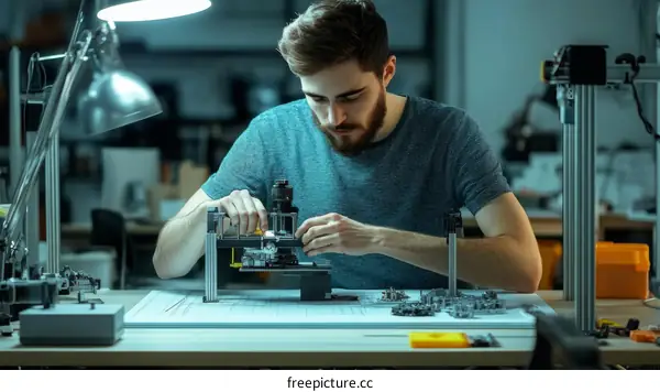 Focused Engineer Working on 3D Printed Circuit Board