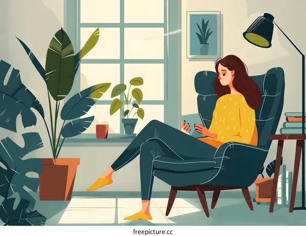 Woman Reading Book in Cozy Chair with Window View
