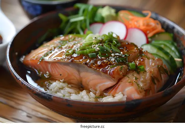 A delicious and healthy meal of salmon, rice, and vegetables.