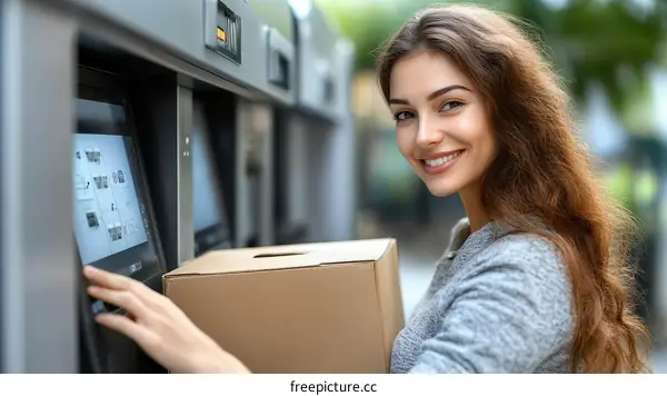 Woman using a package locker terminal