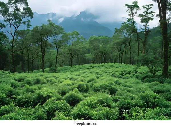 A lush green tea plantation in the mountains of Taiwan