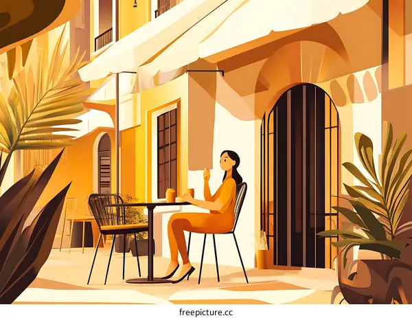 Woman Sitting at a Table Outside a Cafe