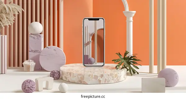 Modern Minimalist Phone Mockup with Geometric Shapes and Archway Background