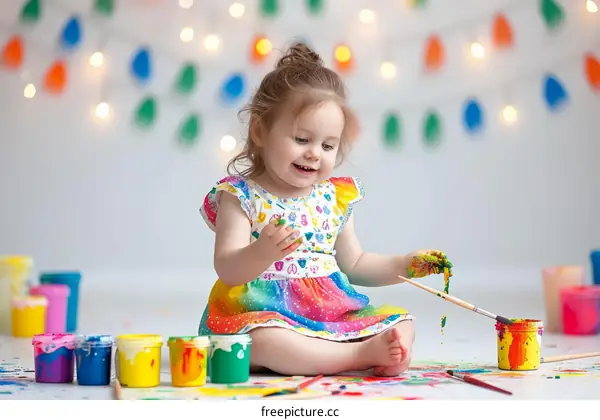 Toddler girl having fun with finger painting