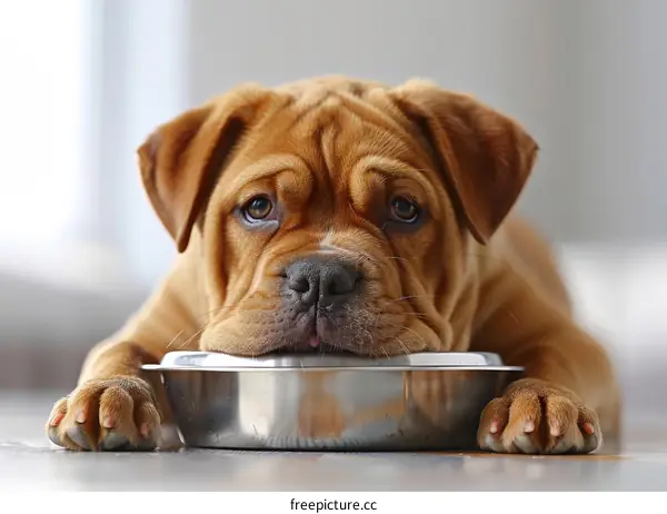 A French Bulldog Puppy with a Food Bowl
