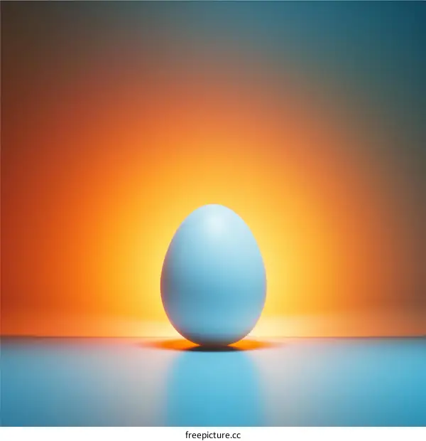 A glowing egg on a blue table with an orange background