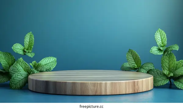 Wooden Display Platform with Fresh Mint Leaves