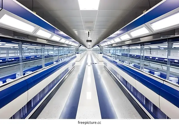Clean Room Interior with Glass Shelving Units and Blue Accents
