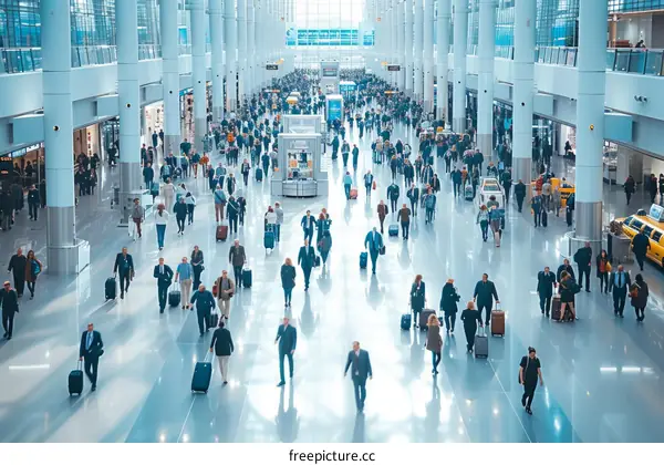 Crowded airport terminal with people walking in all directions