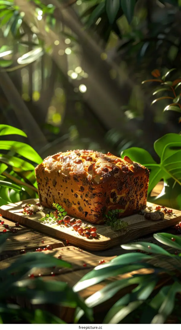 Close up of a delicious banana bread on a table in the jungle