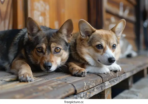 Two dogs lying on a wooden floor