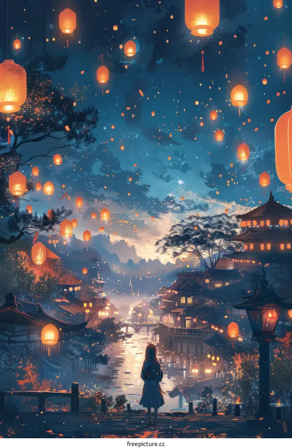 girl watching paper lanterns float away over a river in a Chinese town