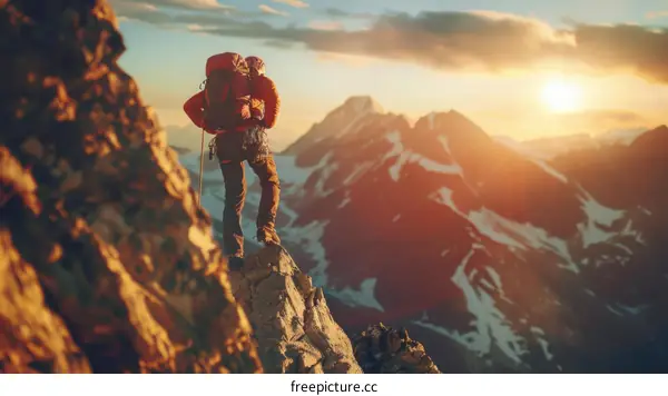 Mountaineer on the summit of a mountain watching the sunset