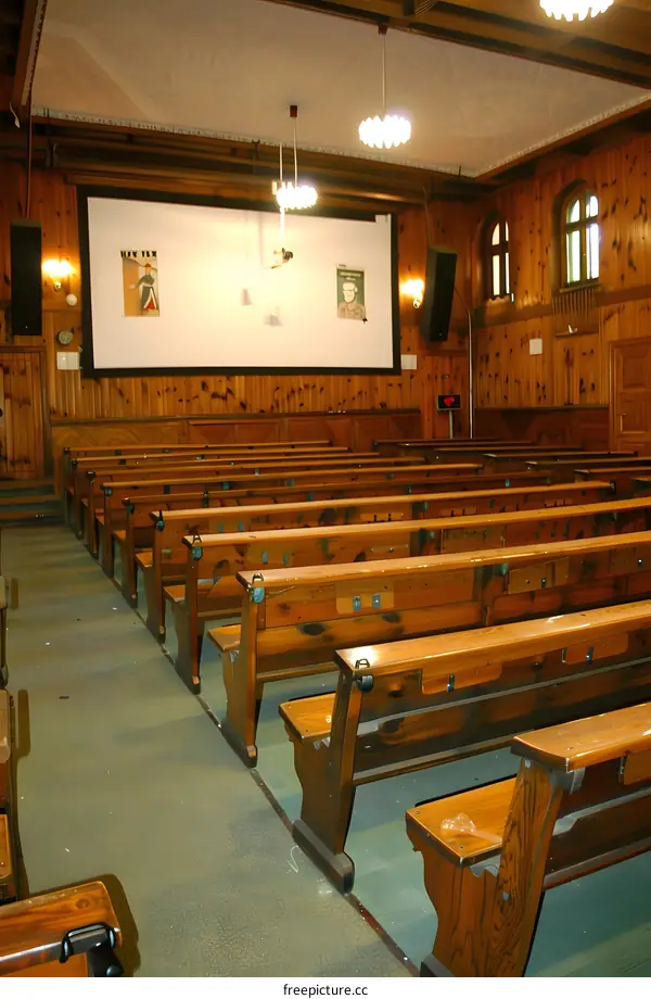 Wooden Pews In A Hall With A Large Screen