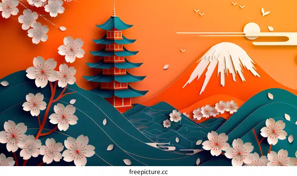 Mount Fuji and cherry blossoms in the style of paper cutting